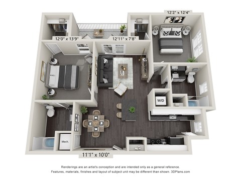 Floor plan for 2 beds, 2 baths, 1060 sqft
